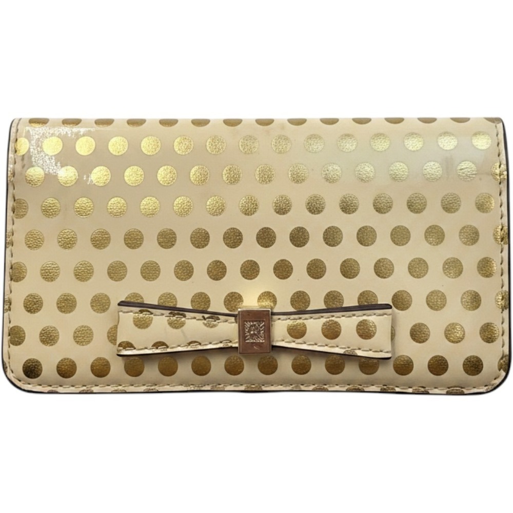 Anne Klein Cream Gold Polka Dot Patent Bow Trifold Wallet Lion Logo Hardware O8